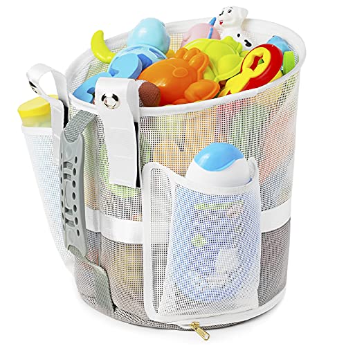 Image of Quick Scoop Mesh Bath Toy Organizer for Tub with YKK Zipper，Multiple Ways to Hang, Ultra Large Capacity & Large Opening, Bathroom Toy Holder, Baby Bath Toys Storage Bag with 2 Side Pockets (White)