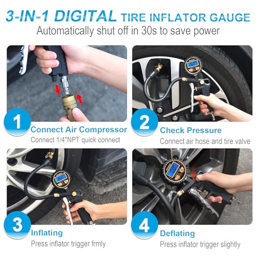Image of Digital Tire Pressure Gauge with Inflator, 250PSI Air Chuck Compressor Accessories with Quick Connect Coupler Heavy Duty Tire Inflator Gauge, 0.1 Display Resolution for Truck,RV, SUV