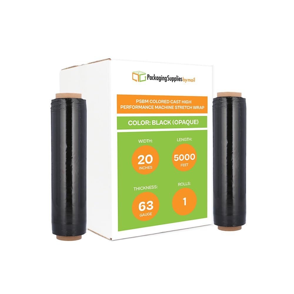 PSBM Machine Black Stretch Wrap, 1 Pack, 20 Inch x 5000 Feet, 63 Gauge, Dark/Opaque Color Plastic Cling Designed for Pallet Machine Applicators