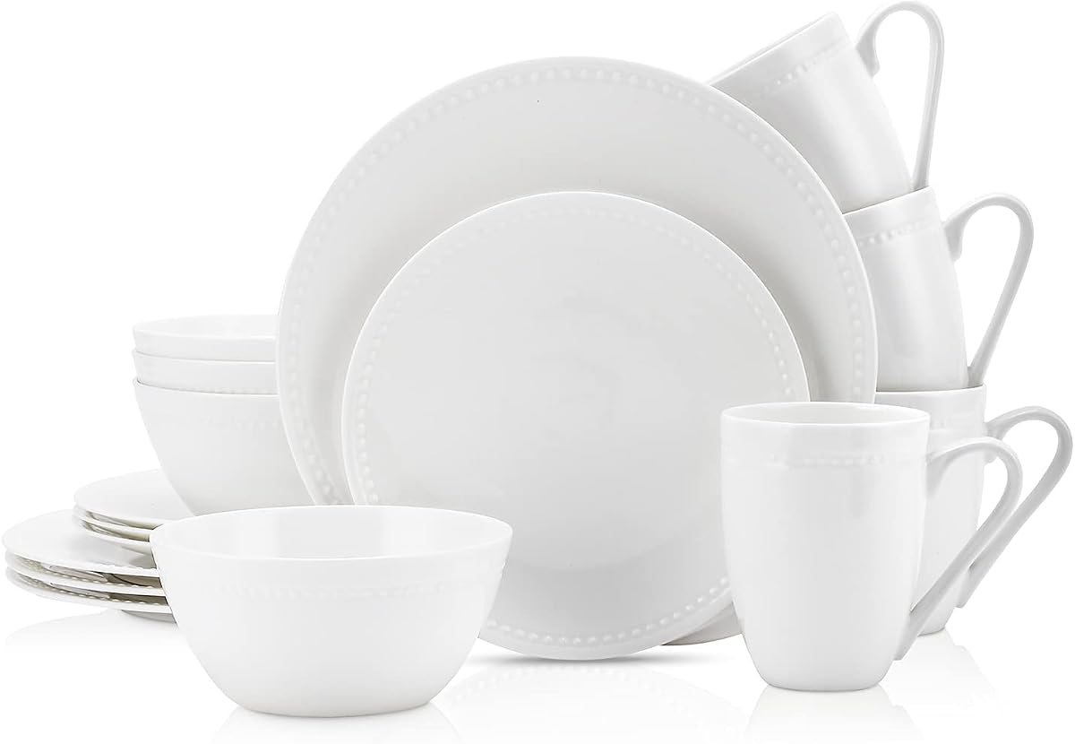 Ava Bone China Formal Dinnerware Set, 16-Piece Everyday Dish Service for 4 Includes Plates, Bowls, and Mugs | Chip + Scratch Resistant| White with Embossed Pinpoint Design