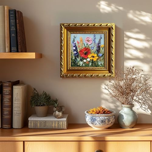 Hand-Painted Floral Oil Painting on Canvas, Textured Mini Wall Art with Frame, Small Framed Wall Art, Oil Painting Wall Art for Home Decor, Living Room or Office (Glod) - Image 3