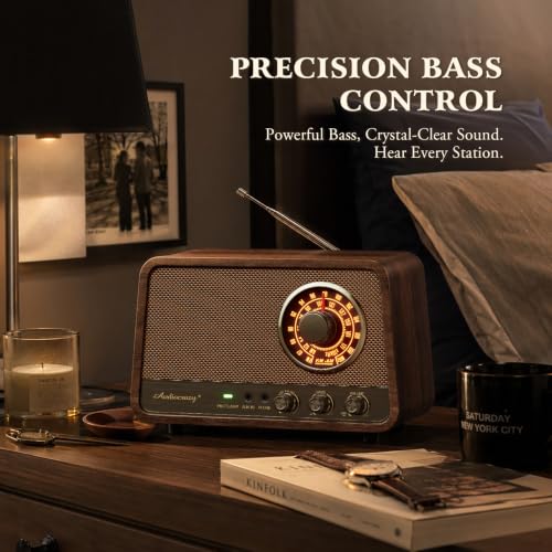 Image of Classic wooden Bluetooth FM radio with 10 watts of powerful sound, retro radio with Bluetooth speaker with amber glowing dial, bass control, Aux input, connector for