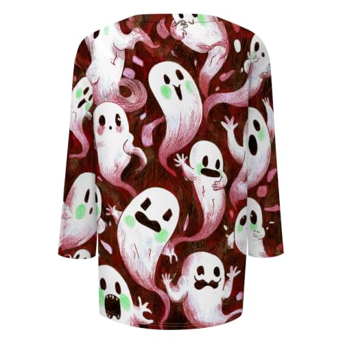 Image of Women Spooky Halloween Graphic Shirt 3 /4 Length Sleeve Crewneck Top | Halloween Funny Printed Pumpkin Plus Size Tshirts 2026 Fall Outfits Skeleton Tee Going Out Tops