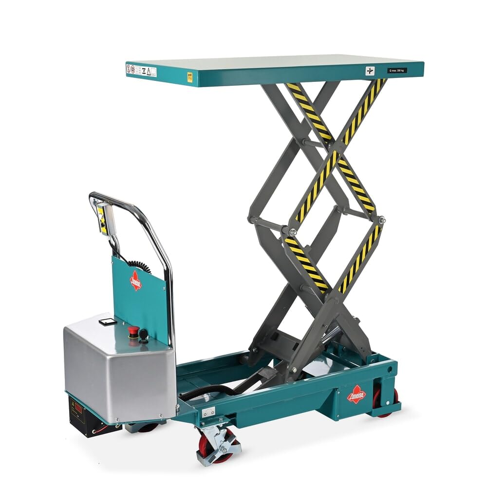 Ameise Scheren-Hubtischwagen LTT | 370-1.300 mm Hubbereich | 350 kg Tragkraft | 910x500 mm Plattform | Fahrbarer Hubtisch mit festem Bügel | Elektrischer Antrieb mit Batterie | Stahl | Türkisblau
