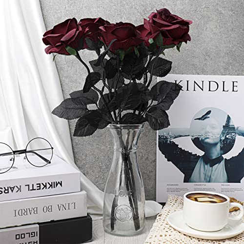 Roses artificielles rouge vin Whaline en soie à longue tige pour décoration | Lot de 12 - 6