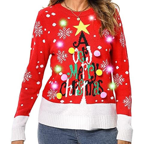 Womens LED Light Up Reindeer Ugly Christmas Sweater Built-in Light (Large) Red Cover