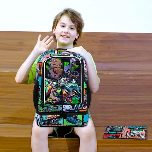 Image of WZLVO 2-In-1 Boys Dinosaur Backpack Set, 17 inch Cool UV Printing Kids Bookbag /School Bag with Built-in Lunch Compartment & Pencil Bag for Preschool to Elementary - Dinosaur Khaki