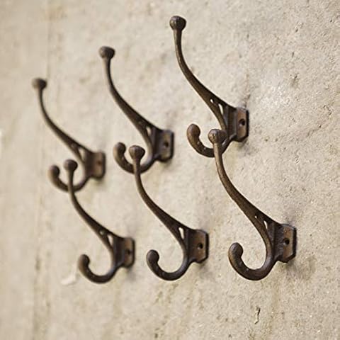 HomeZone® 6pc Strong Antique Rustic Brown Cast Iron Wall Mounted Scroll Coat Hooks Home Storage Hooks - Robust Metal Shed Garage and Hallway Hooks - Ideal for Tools/Coats/Overalls Cover