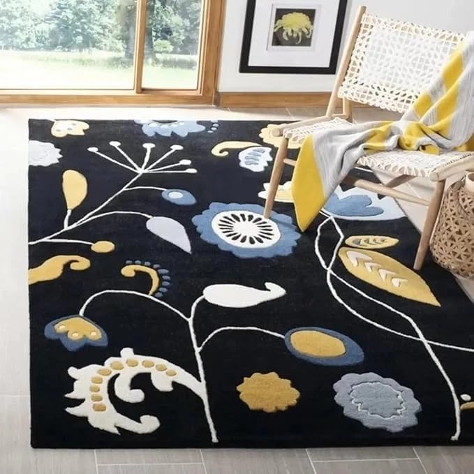 10x14 Ft Hand Tufted Wool Area Rug, Modern Abstract Floral Black Background Multicolor Design, Handmade Carpet for Living Room Bedroom Home Décor