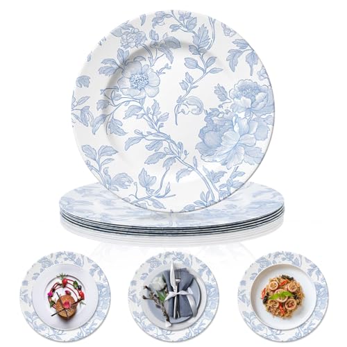 Yungyan 6 Pack 13inch Blue White French Toile Charger Plates Toile De Jouy Floral Leaf Plastic Blue Round Party Salad Charger Plates for Wedding Birthday Bridal Tea Summer Party Supplies