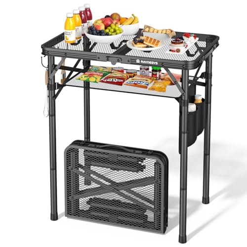 Folding Grill Table for Outside 3 Height Adjustable Small Camping Table with Mesh Bag Metal Aluminum Folding Table 23.62 x 15.75 inches Portable Grill Stand for Picnic Camping BBQ Beach Black