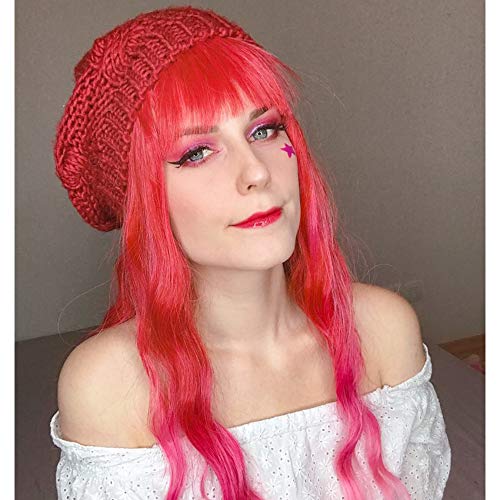 Red Wig for Women Long Wavy Wigs with Bangs Fluffy Curly Wavy Hair Wigs Heat Resistant Fiber Synthetic for Girl Friendly Cosplay Party Wigs