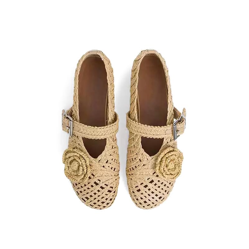Woven Ballet Flats for Women Round Toe Mary Jane Shoes with Flower Comfortable Buckle Ballerina Flats Shoes4