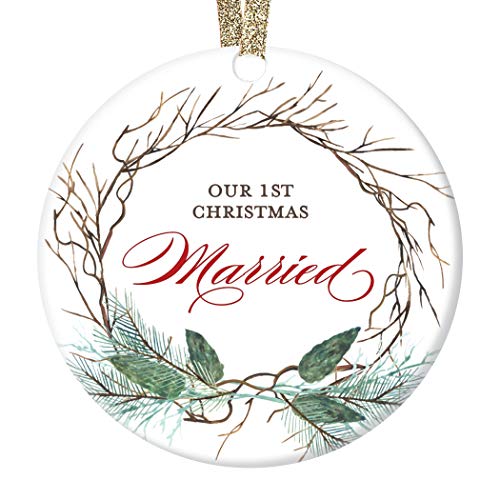 Our-First-Christmas-Married-Ornament-Bridal-Shower-Wedding-Present-Newlywed-Couple-Pretty-Seasonal-Ceramic-Keepsake-1st-Holiday-Marriage-3-Flat-Porcelain-w-Red-Ribbon-Free-Gift-Box-OR00417 Our First Christmas Married Ornament Bridal Shower Wedding Present Newlywed Couple Pretty Seasonal Ceramic Keepsake 1st Holiday Marriage 3 Flat Porcelain w Red Ribbon Free Gift Box OR00417