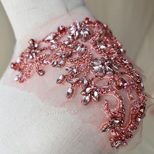 Sparkle Rhinestone Applique Wedding Dress Accessories Beaded Patch V-Neck Crystal Neckline Pink Color
