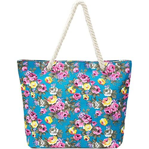 Femicgal Große Strandtasche, Große Strandtasche mit Reißverschluss, Damen Familie Segeltuch Umhängetasche, Shopper Schultertasche Beach Bag, Sommer Schwimmbad Badetasche für Reisen, Strand Cover