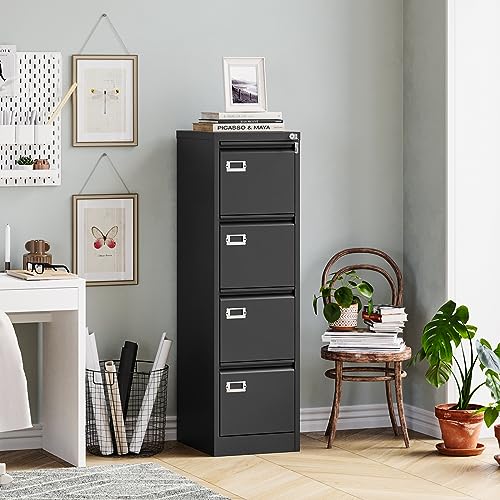 Image of MIIIKO 4 Drawer File Cabinet with Lock, Metal File Cabinets for Home Office,Vertical Filing Cabinets Office Storage Cabinet for Letter,Legal,A4,File Folders(Black)