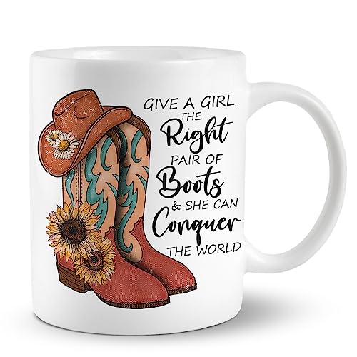 Cowgirl Give a Girl the Right Pair of Boots and She Can Conquer the World 11 Ounces Ceramic Mug Cup,Girl Power Coffee Tea Mug Cup,Gifts for Teen Girls Cowgirls
