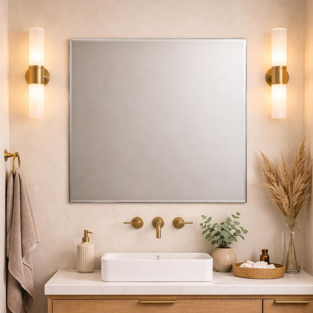 Specchio da parete per bagno, quadrato, senza cornice, 90 x 90 cm, moderno specchio da parete, grande specchio contemporaneo, bordo lucido