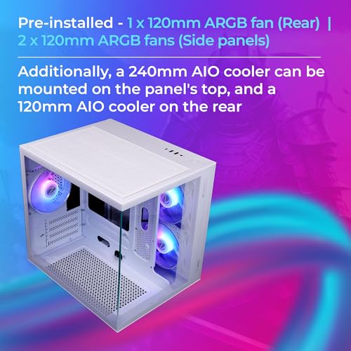 Image of ZEBRONICS Argo Cube Form Factor Gaming Cabinet with Micro ATX, ITX, 2X 120mm Side + 120mm Rear Fan (ARGB Inner Glow), Tempered Glass Front & Side Panel, Type C(White)