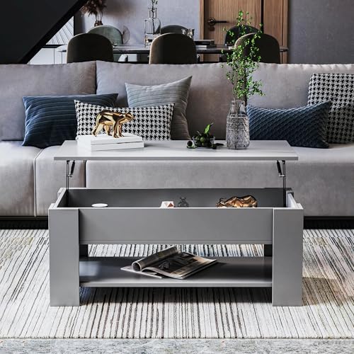 Blisswood Coffee Table With Storage, Lift Up Coffee Table For Living Room, Wooden Coffee Tables With 1 Shelf Large Hidden Storage Lift-Top Sofa End Tea Table, Grey, 100L x 50W x 42-57H cm - Image 7