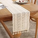 Gemseek 60 Inch Boho Cotton Crochet Table Runner, Vintage Beige Bohemian Macrame Table Runner for Kitchen Coffee Dining Table Rustic Farmhouse Living Room Bedroom Dresser Decor