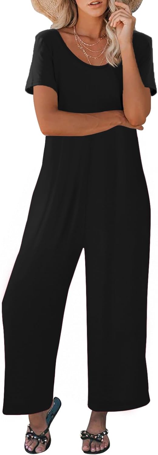 Womens Summer Casual Jumpsuit Short Sleeve Crewneck Long Pants Rompers Overalls with Pockets - Image 3