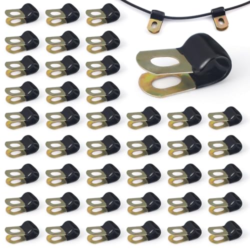 LELE LIFE Lot de 50 colliers de serrage de 6 mm, colliers de serrage en acier avec revêtement en vinyle, colliers de serrage de style R isolés pour corde lumineuse, clips de câble métalliques solides