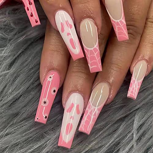 Press on Nails Long Halloween Pink Skull Spider Web Fake Nails Coffin Ghost Face Press on Nails with Nail Glue Artificial Acrylic False Nails for Women Girls Halloween Party Nail Supplies 24pcs