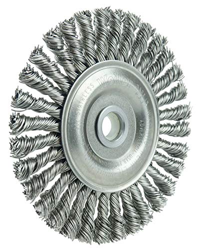Image of Weiler 08954 Mini Roughneck 4 inch Stringer Bead Wire Wheel, .020 inch Stainless Steel Wire Fill, 1 /2 inch-3 /8 inch Arbor Hole, Made in The USA (Pack of 10)