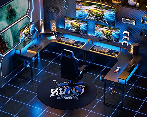 Odk L Shaped Gaming Desk With Led Lights & Power Outlets, 51" Computer Desk With Full Monitor Stand, Corner Desk With Cup Holder, Gaming Table With Hooks, Black Cabon Fiber #TOP4