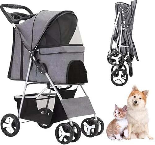 Carrinho De Transporte Pet Cinza Dobrável Passeio Cães Gatos