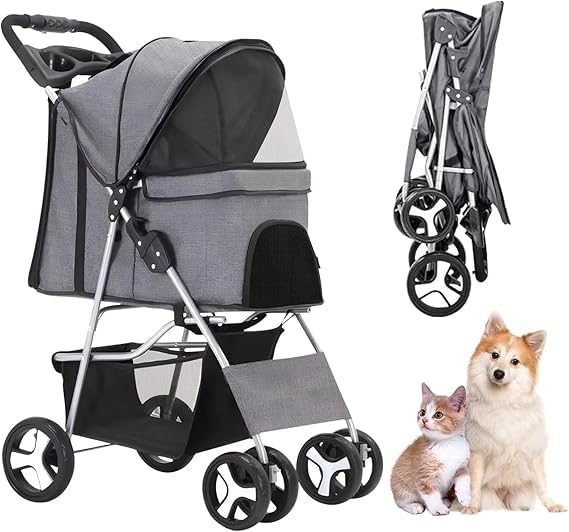 Carrinho De Transporte Pet Cinza Dobrável Passeio Cães Gatos