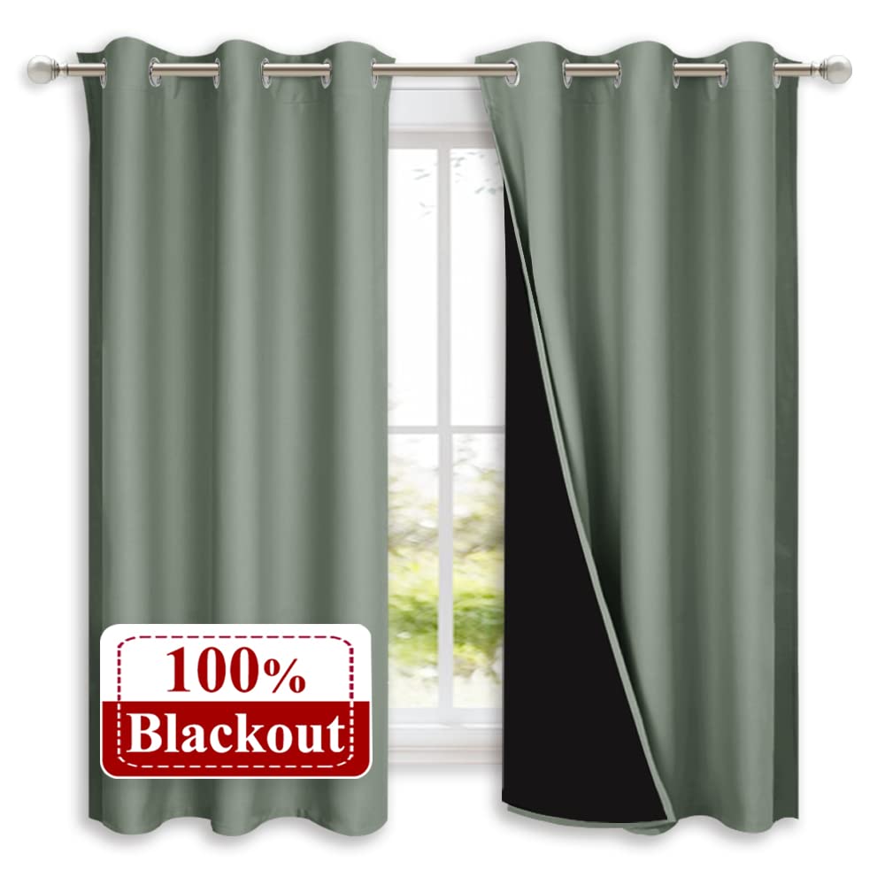 NICETOWN Greyish Green 100% Blackout Lined Curtains, 2 Thick Layers Completely Blackout Window Treatment Panels Thermal Insulated Drapes for Kitchen (