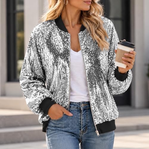 Sequin Jackets for Women 80S 90S Bomber Jacket Zip Up Sparkly Party Coat - image 2