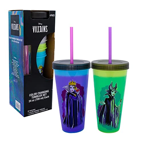 Disney Villains Color-Changing Plastic Tumbler Cups, Set Of 4 | Include Reusable Straw And Leak-Resistant Lid #TOP3