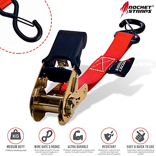 Rocket Straps Ratchet Tie Down Straps (4Pk) | 1" X 17' - 1761Lbs Break Strength, Safety Lock S Hook Rachet Tie Downs. Best For Moving, Utv, Atv, Dirt Bike, Motorcycle, And Truck Accessories #TOP2