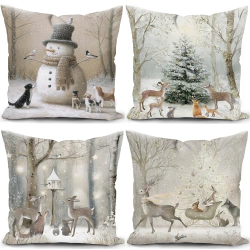 KUNQIAN Christmas Cushion Covers Xmas Decorations Throw Pillow Cover Winter Animal Snowman Grey Set of 4 Christmas Decor For Sofa Living Room Home 18x18 Inch 45x45cm
