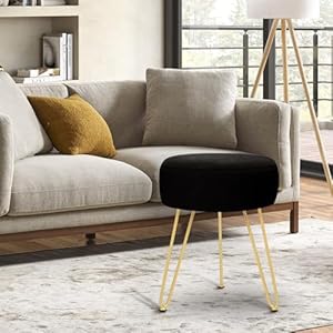 Velvet soft modern vanity footstool round footrest stool ottoman side table seat dressing with golden metal leg and sponge fillingupholstered foot rest for living room and bedroom black  urban country home decor
