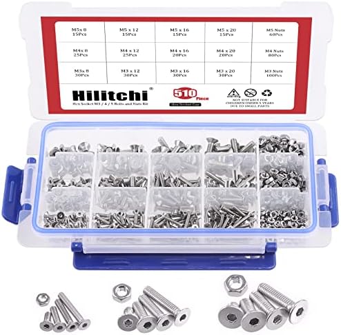 Hilitchi 510pcs M3 M4 M5 Stainless Steel Flat Head Hex Socket Head Cap Bolts Screws Nuts Assortment Kit - 304 Stainless Steel (Flat Head)