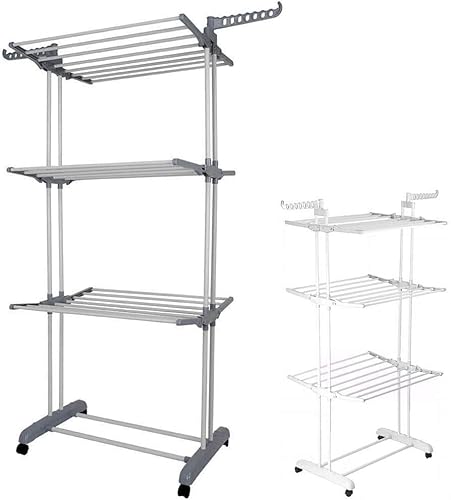 Large 3-Tier Foldable Laundry Airer with Wheels - Indoor/Outdoor Garment Dryer - Holds Up to 15kg (Grey)