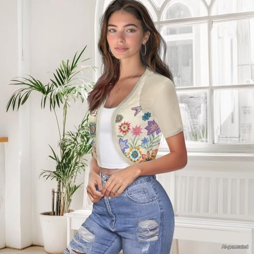 Image of Womens Short Sleeve Cardigans Lightweight Summer Cardigan Trendy Bolero Shrug Cute Floral Cardigan Sheer Bolero