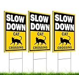Set of 3 Double Sided 12x16 Inches Slow Down Cat Crossing Sign with Metal Wire H-Stakes - Slow Down Caution Sign For Neighborhoods Yard Farm - Plastic Decorations Animal Crossing Signs
