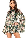 Romwe Women's Floral Printed Ruffle Bell Sleeve Loose Fit Jumpsuit Rompers Multicolor Green X-Small