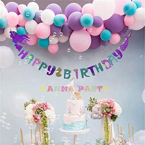 Image of WP WANNA PARTY Wanna Party Glitter Mermaid Birthday Banner Mermaid Party Supplies Favors Decoration Magical Under The Sea Birthday Party Pennant Garland for Girls, Kids and Baby, Blue