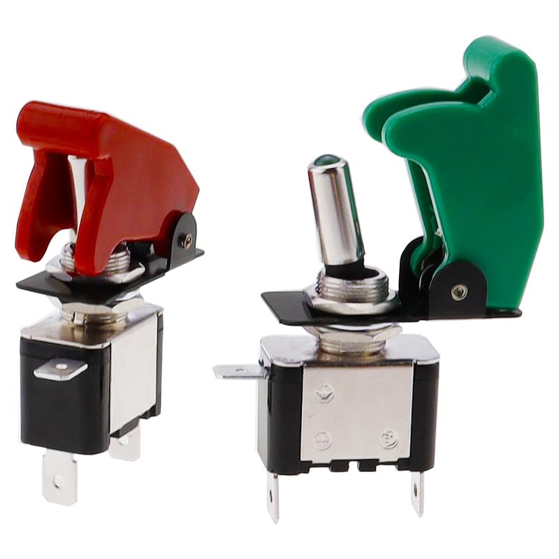 SCRUBY 12V 20A Auto Car Boat Truck Illuminated Led Toggle Switch with Safety Aircraft Flip Up Cover Guard Red Blue Green Yellow White(Carbon Cap Green LED)