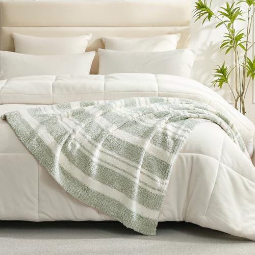 Image of Snuggle Sac Heather Throw Blanket for Couch, Reversible Super Soft Blankets Warm Cozy Knit Fuzzy Plush Lightweight for Sofa, Bed, Camping, Picnic (Stripe Green, Throw(50 inchx 60 inch))