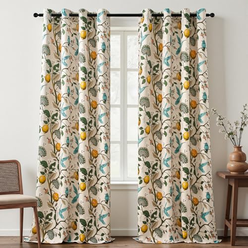 Image of Topfinel Floral Curtains 96 Inches Long 2 Panels Unique Beige Luxury Elegant Colorful Euro Flower Hummingbird Patterned Rustic Vintage Grommet Drapes for Classroom Room Office Closet 52x96