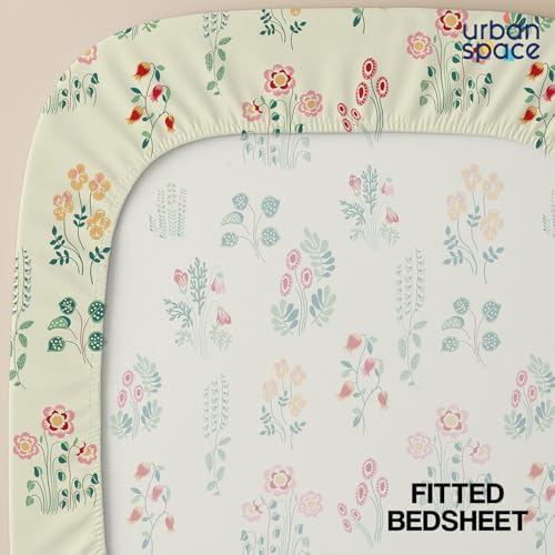 Image of Urban Space Serene 100% Cotton King Fitted Size Bedsheet, 200 TC Super Soft Elastic bedsheets for King Size Bed, Floral Design King bedsheet with Two Pillow Covers (72 x 78 Inches, Eden Cream)