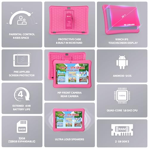 Image of Contixo 10 inch Android Kids Tablet Bundle - 32GB, Epic! & Lingokids Educational Apps, Parental Controls, Kid-Proof Case w /Kickstand & Stylus, Headphones & Sleeve Bag - Pink